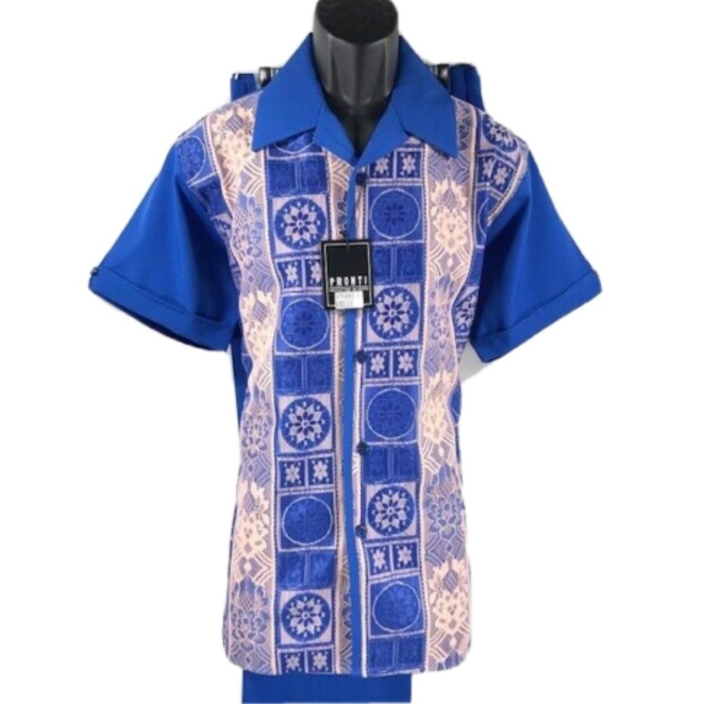 Pronti Collection by Phita Men's Leisure Suit Royal Blue Mauve Lace Size XL